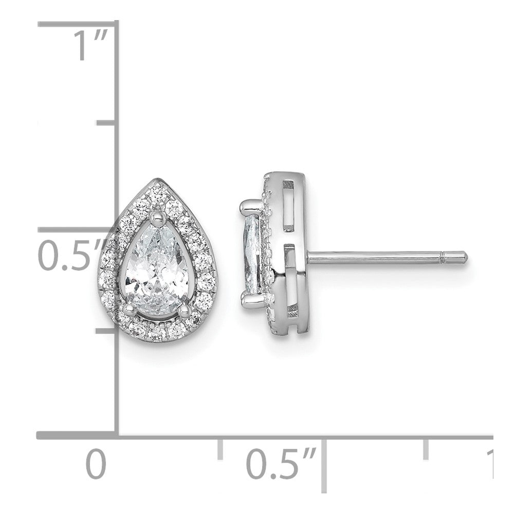 Sterling Silver Rhodium-plated Polished 10.0 x 7.0mm Pear CZ Halo Teardrop Post Earrings