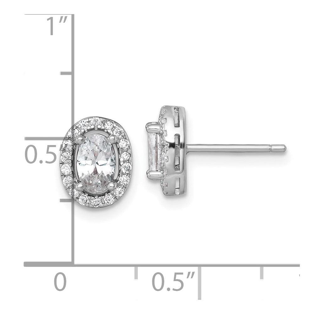 Sterling Silver Rhodium-plated Polished 9.5 x 7.0mm Oval CZ Halo Post Earrings
