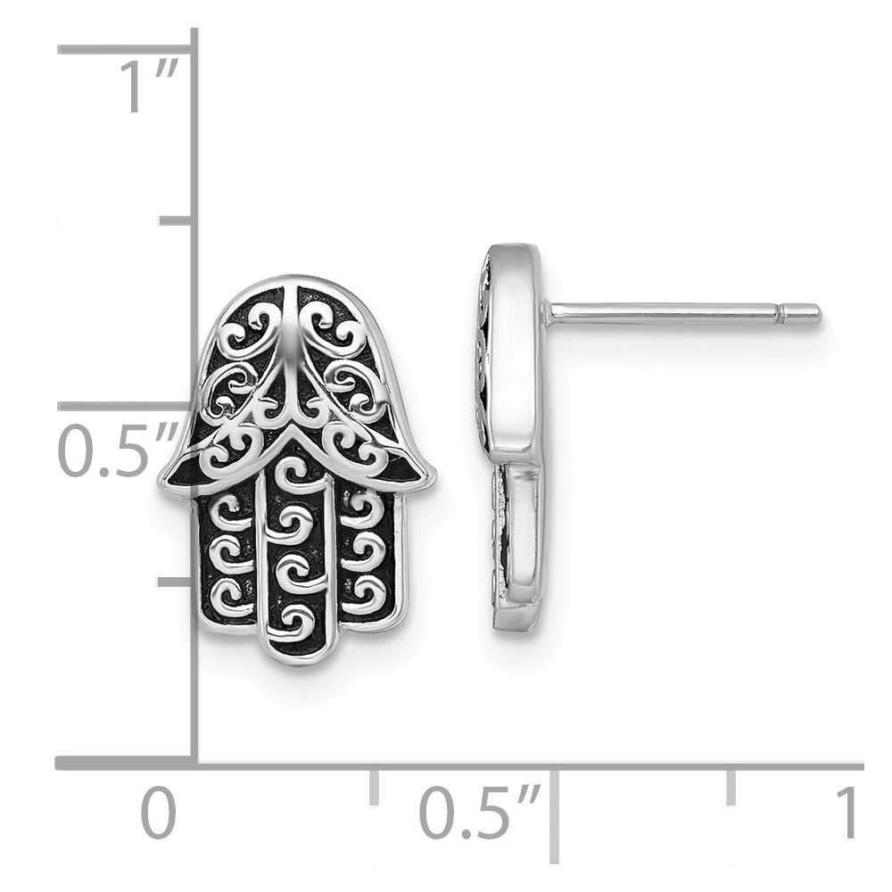 Sterling Silver Rhodium-plated Polished and Oxidized Filigree Hamsa Post Earrings