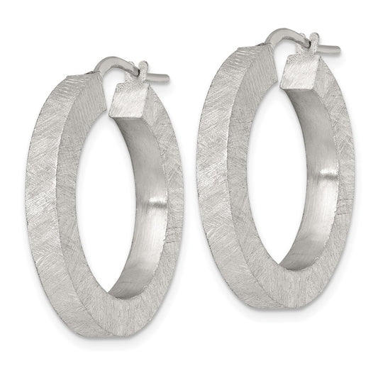 Sterling Silver Brushed Textured 4.25mm x 28mm Square Tube Hoop Earrings