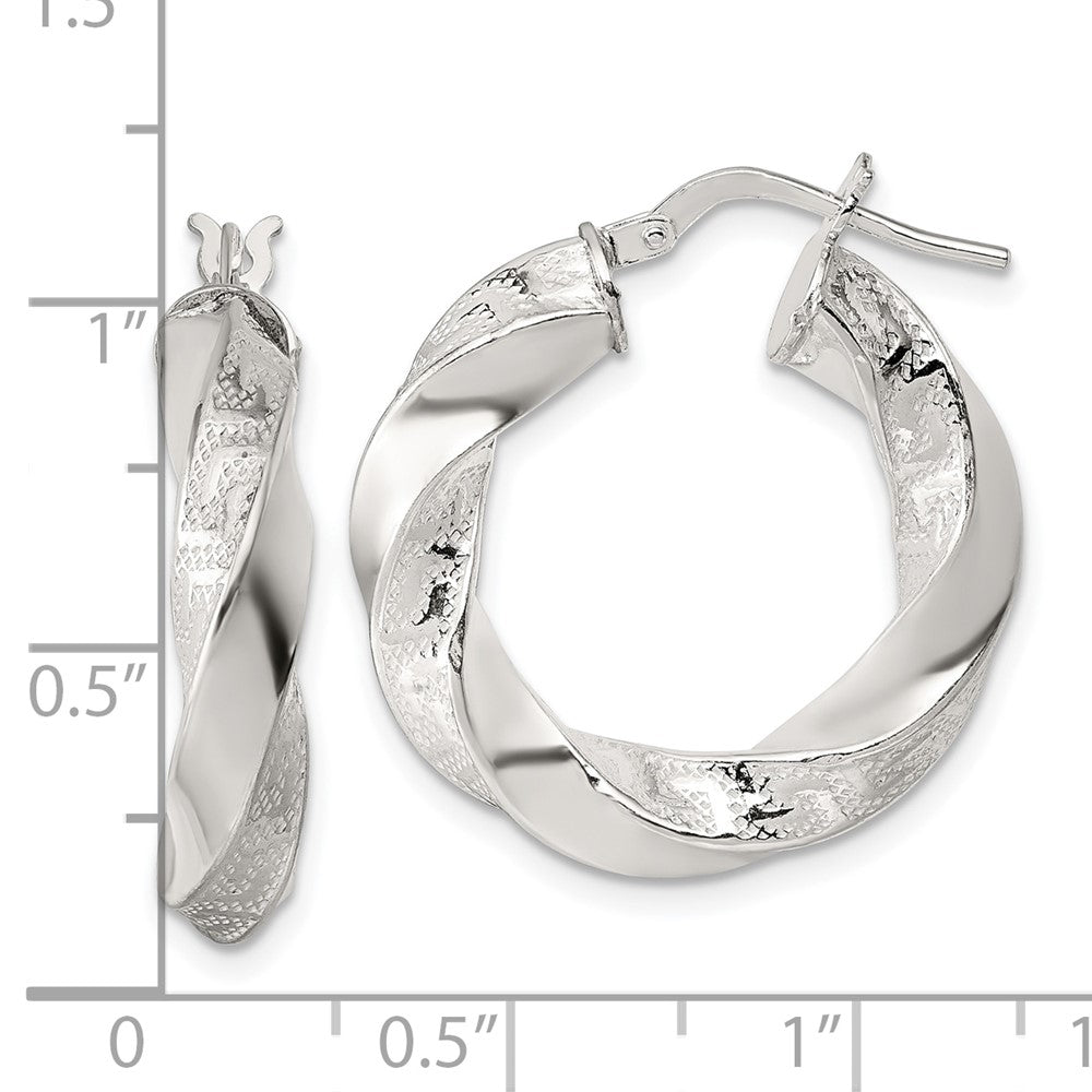 Sterling Silver Polished Greek Key 5mm Twisted tube Hoop Earrings