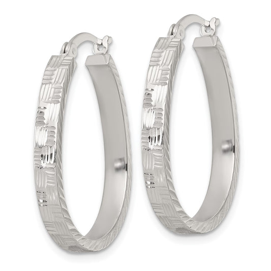 Sterling Silver Polished Straight Diamond-cut 4.0mm Oval Hoop Earrings
