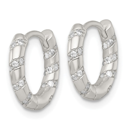Sterling Silver Polished CZ Round Hinged Hoop Earrings
