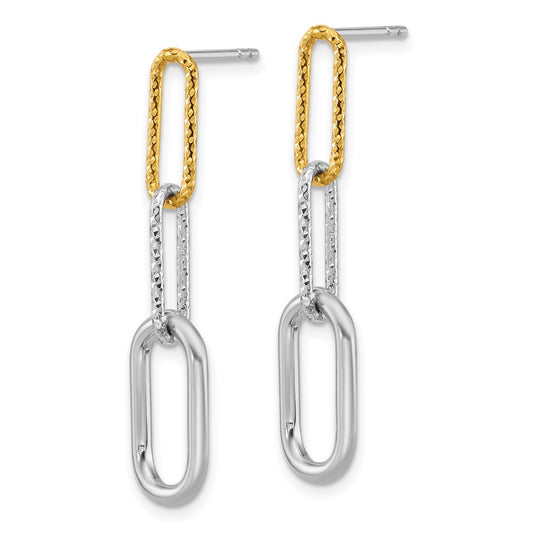 Sterling Silver Rhodium and Gold-plated Three Link Textured Dangle Post Earrings