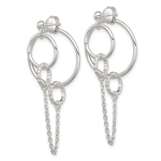 Sterling Silver Polished and Textured Multi Circle and Chain Dangle Post Earrings
