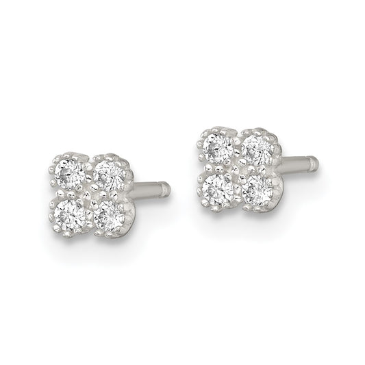 Sterling Silver Polished Textured White CZ 4.3mm Quatrefoil Post Earrings