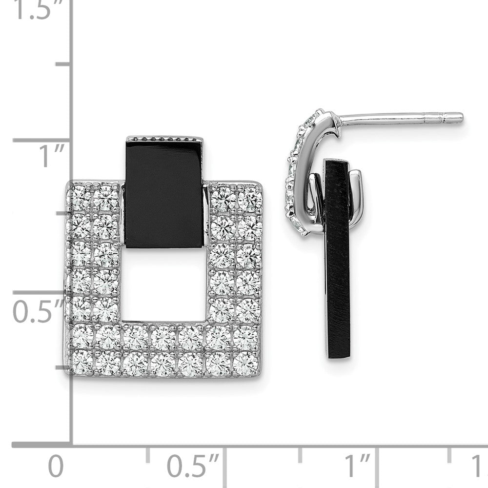 Sterling Silver Rhodium-plated Polished CZ and Black Agate Square Dangle Mis-Matched Post Earrings