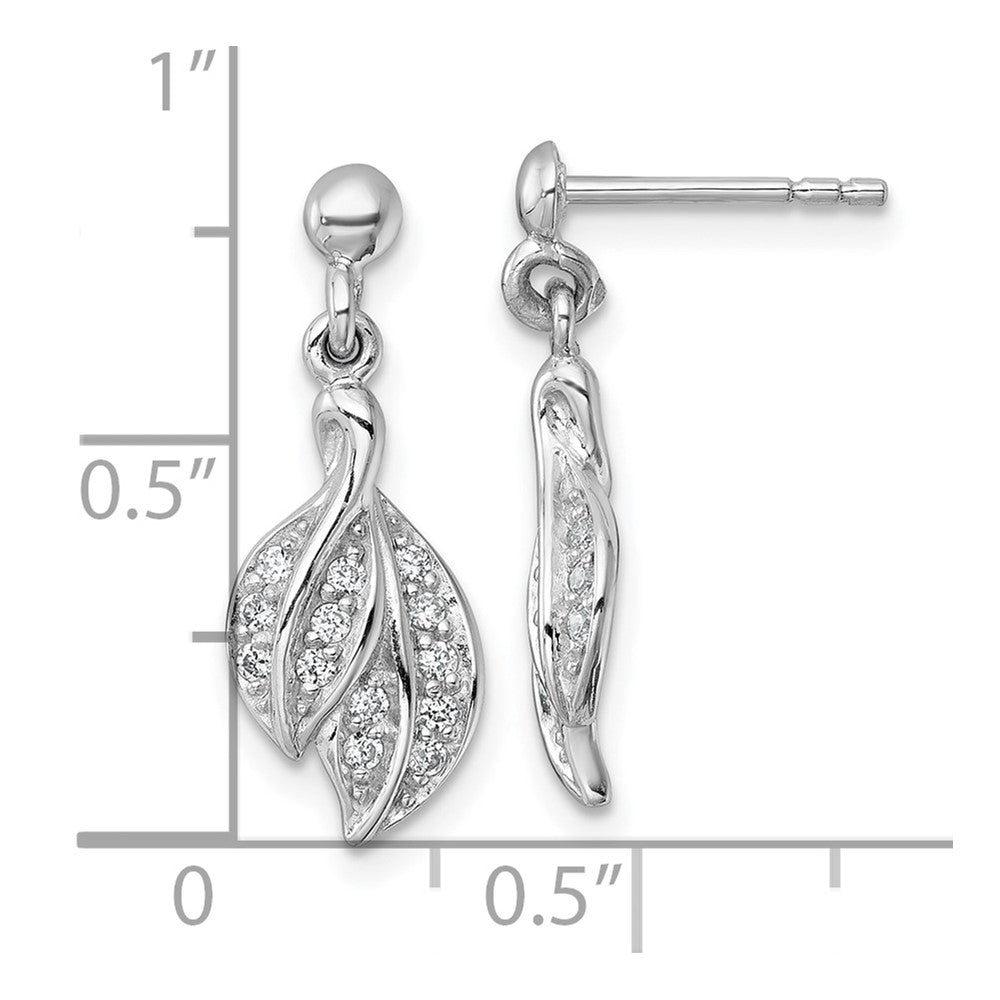 Sterling Silver Rhodium-plated Polished CZ Leaf Dangle Post Earrings