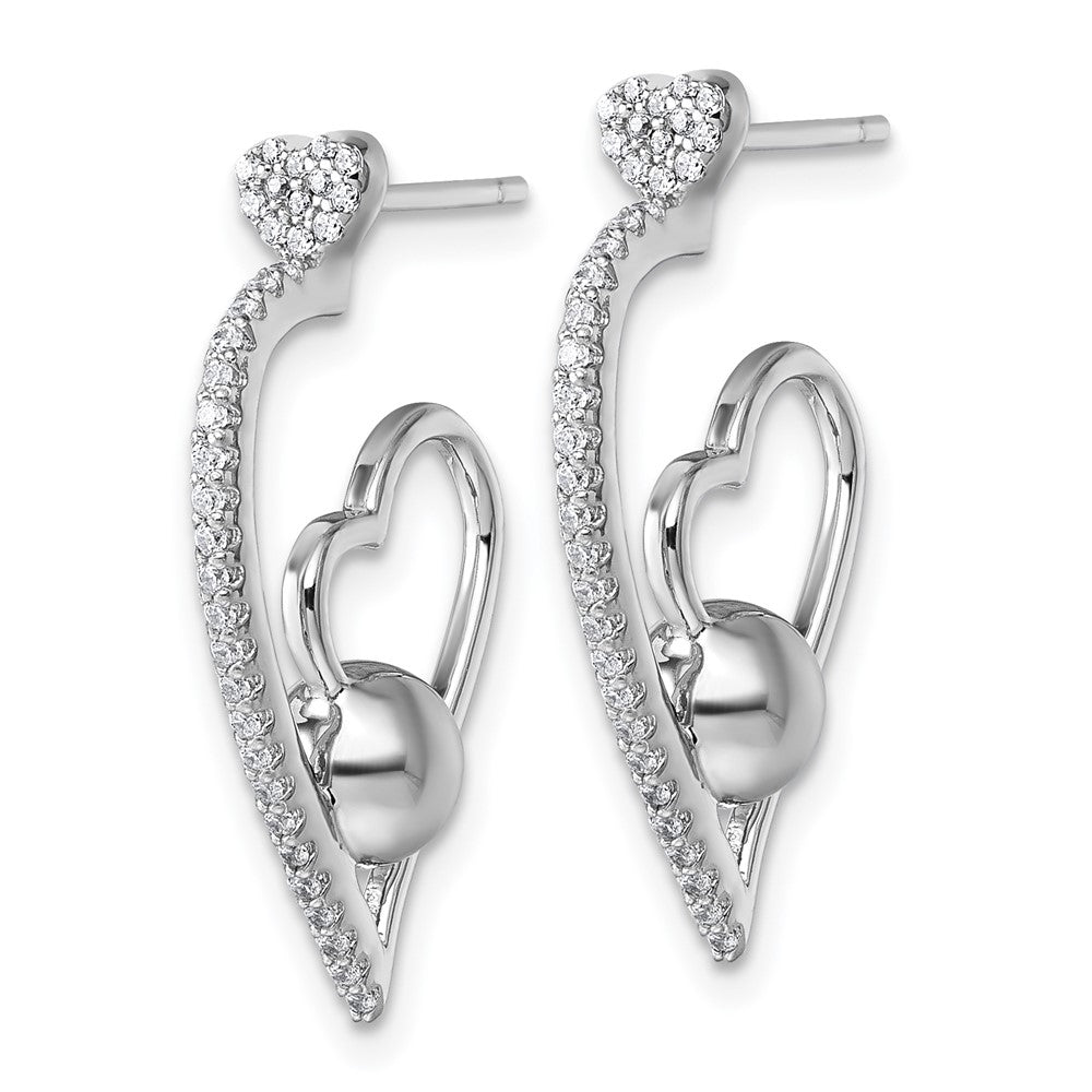 Sterling Silver Rhodium-plated CZ Polished Heart and Bead Post Earrings