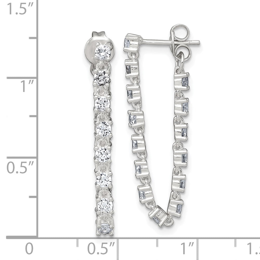 Sterling Silver Polished CZ Line Front and Back Post Dangle Earrings