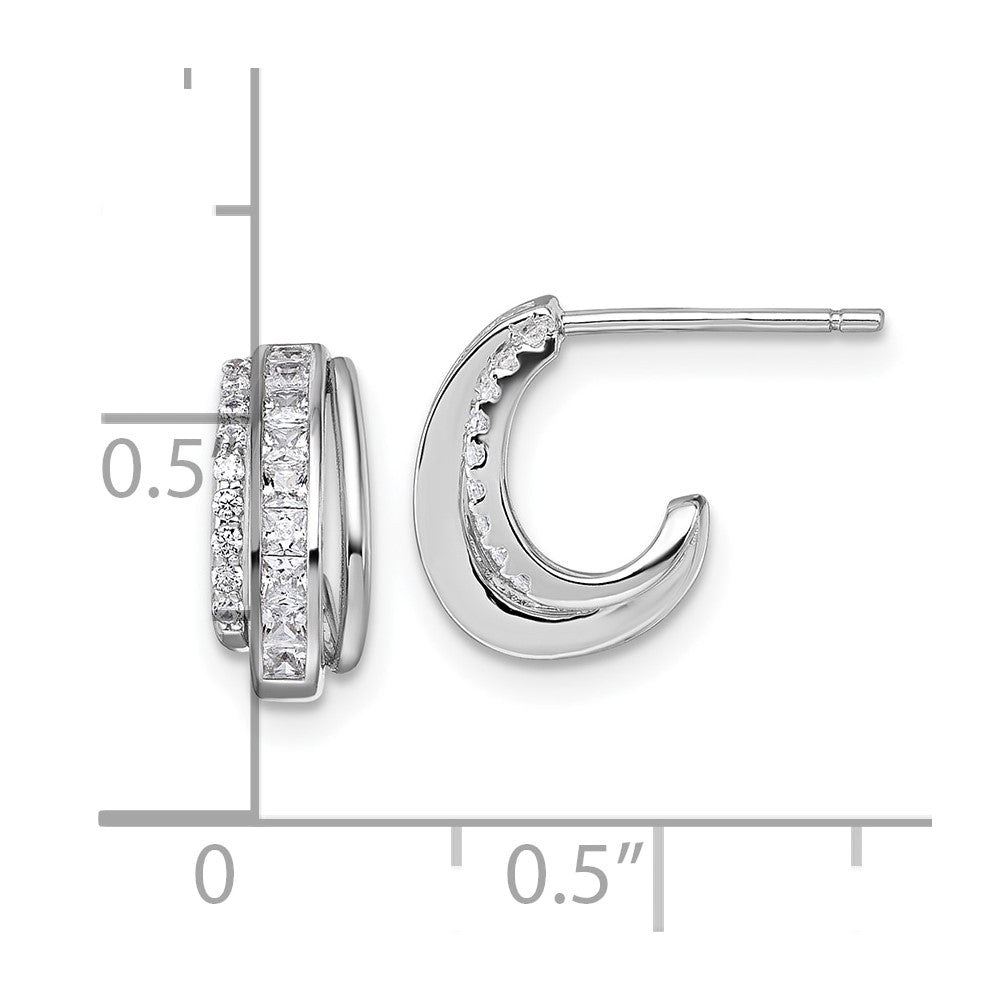 Sterling Silver Rhodium-plated CZ 3-Row Polished J-Hoop Post Earrings