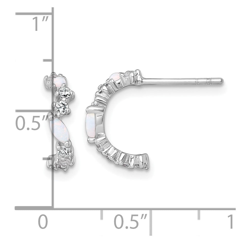 Sterling Silver Rhodium-plated Polished CZ and Lab Created Opal Post C-Hoop Earrings