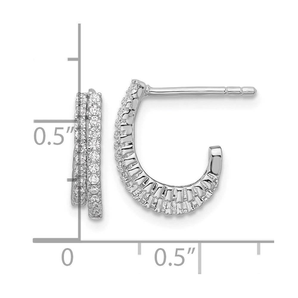Sterling Silver Rhodium-plated CZ Polished Double Row J-Hoop Post Earrings