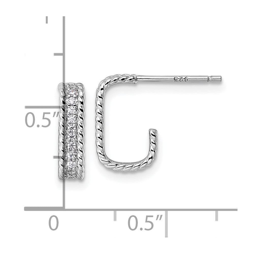 Sterling Silver Rhodium-plated CZ Rope Edge Rectangle J-Hoop Post Earrings