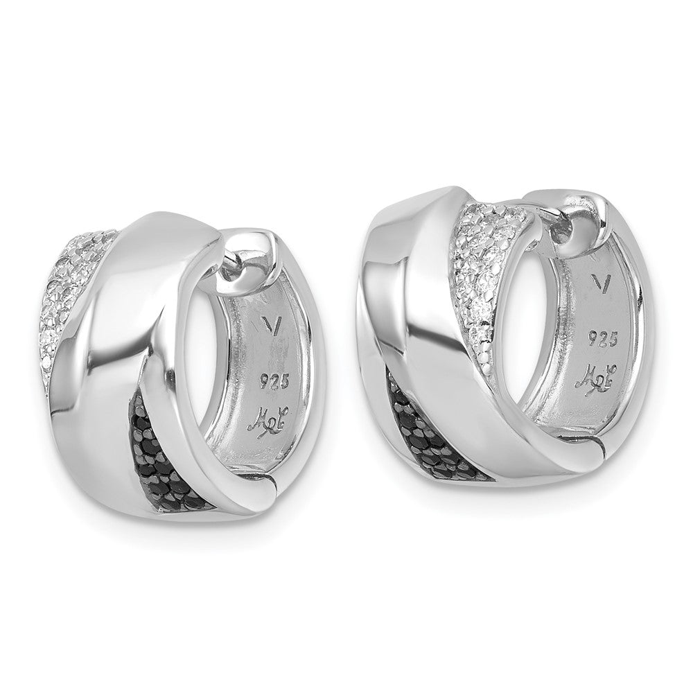 Sterling Silver Rhodium-plated Polished Black and White CZ Round Hinged Hoop Earrings