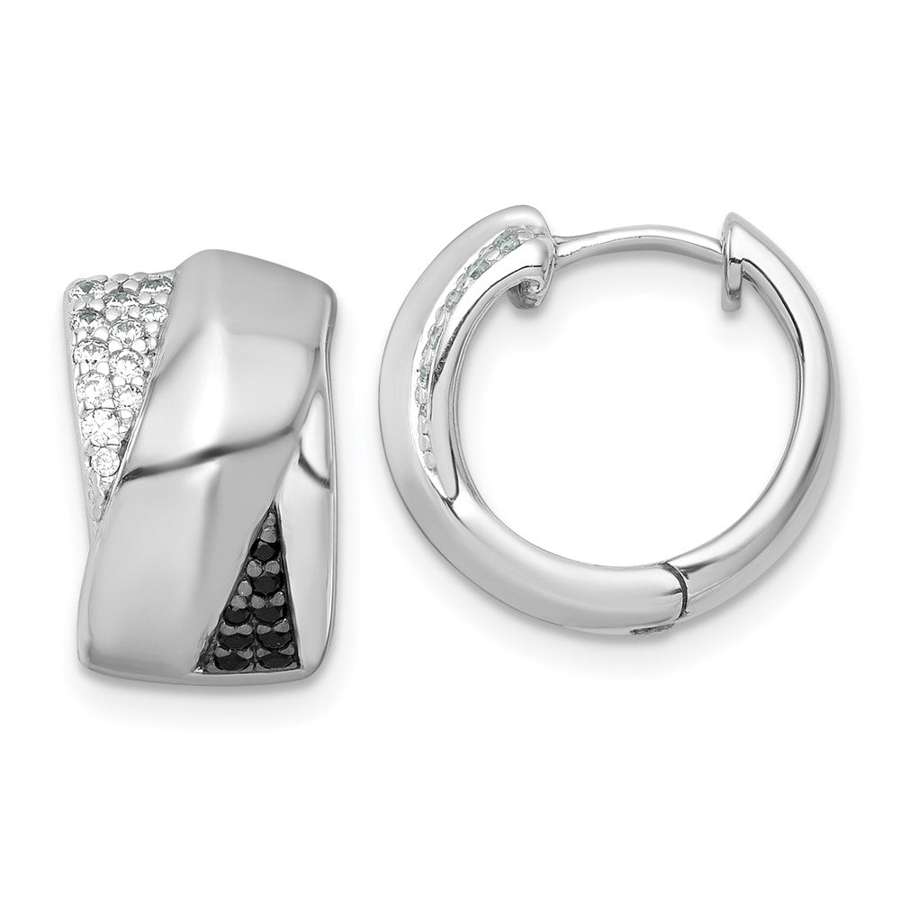 Sterling Silver Rhodium-plated Polished Black and White CZ Round Hinged Hoop Earrings