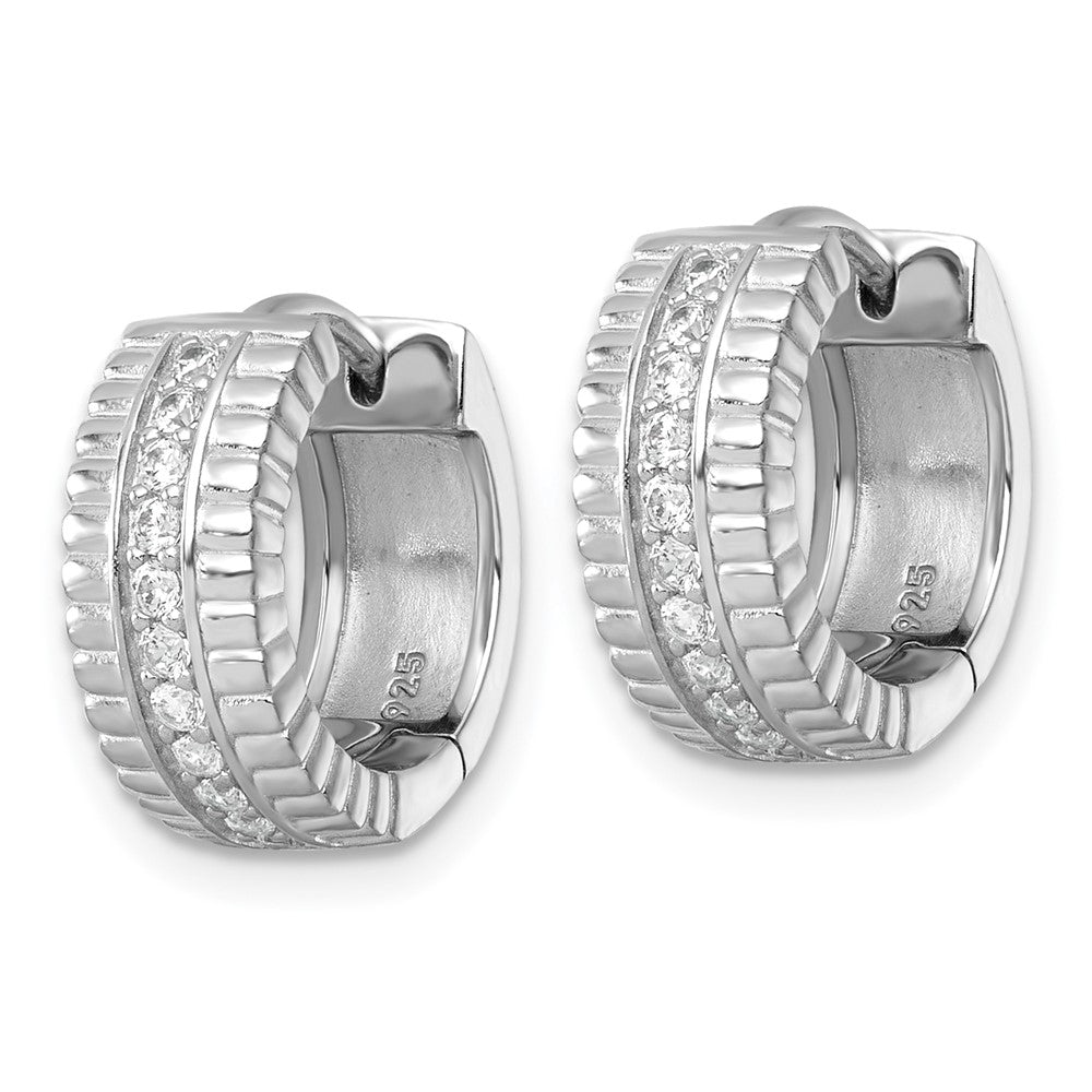 Sterling Silver Rhodium-plated Polished and Grooved CZ 6.2mm Hinged Hoop Earrings