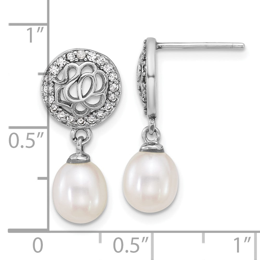 Sterling Silver Rhodium-plated 6-7mm Rice White Freshwater Cultured Pearl and CZ Dangle Post Earrings