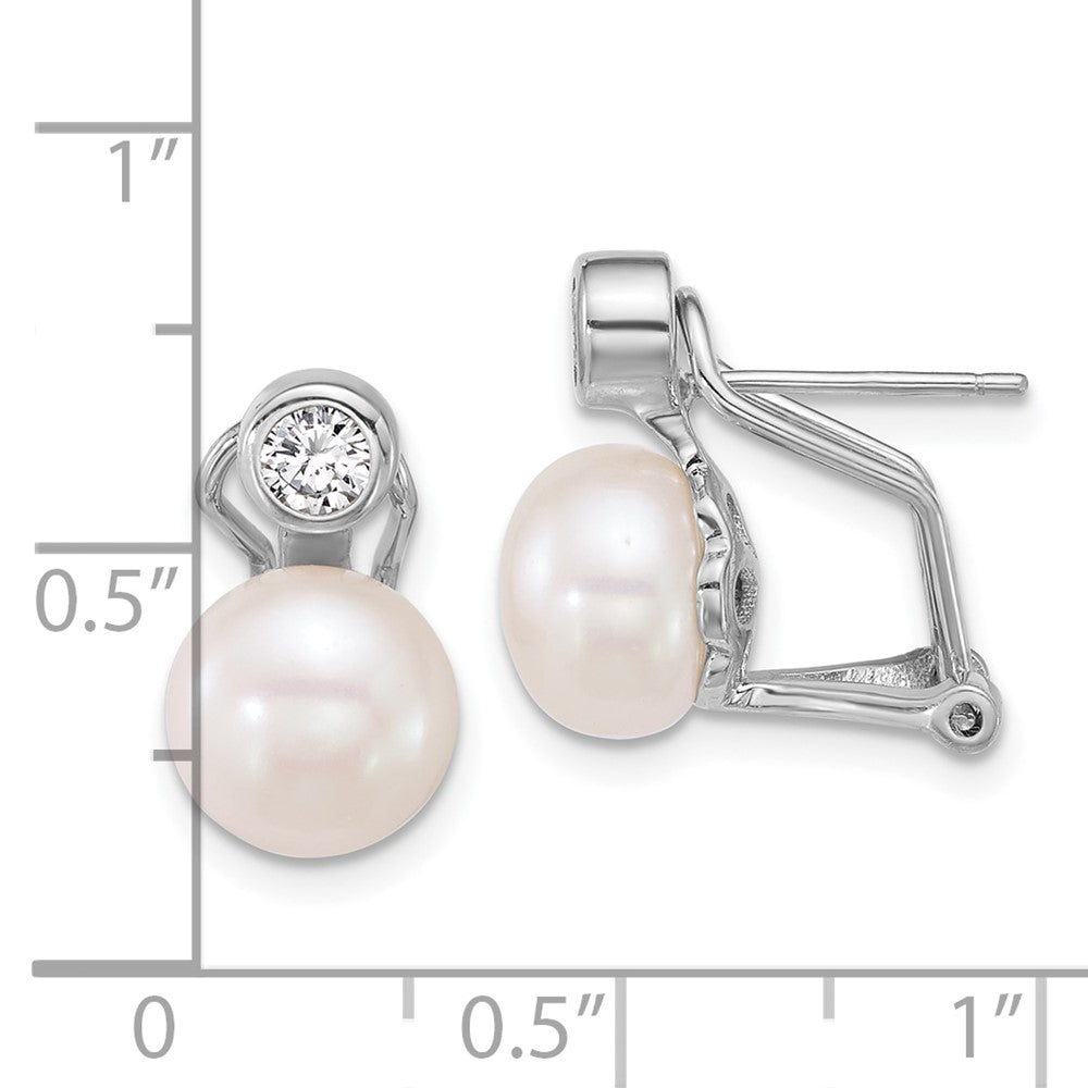 Sterling Silver Rhodium-plated 8-9mm Button White Freshwater Cultured Pearl and CZ Omega Back Earrings