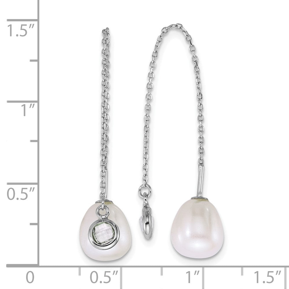 Sterling Silver Rhodium-plated 6-8mm Teardrop White Freshwater Cultured Pearl and Glass Stone Threader Earrings