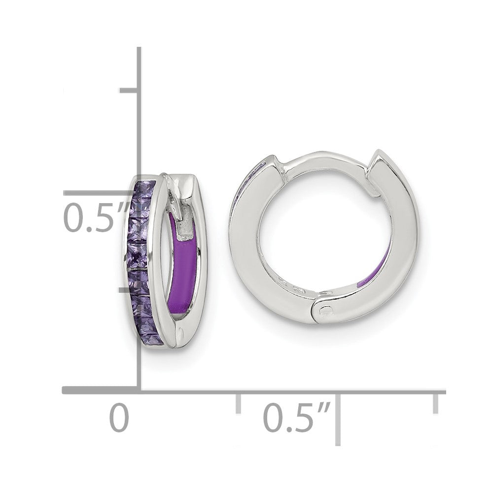 Sterling Silver Polished Purple CZ and Purple Enamel In and Out 13mm Hinged Round Hoop Earrings