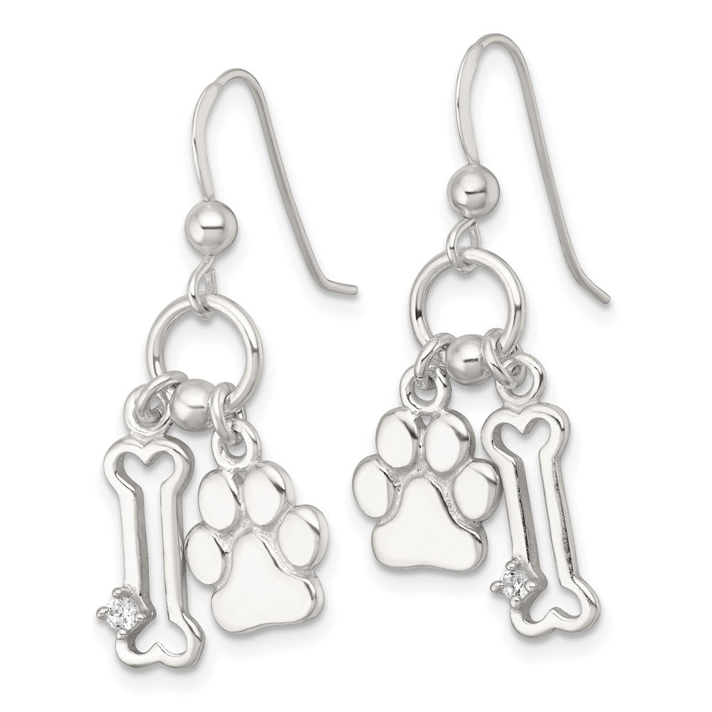 Sterling Silver Polished White CZ Bone and Paw Dangle Shepherd Hook Earrings