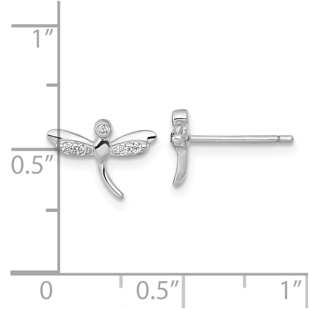 Sterling Silver Rhodium-plated Polished CZ Dragonfly Post Earrings
