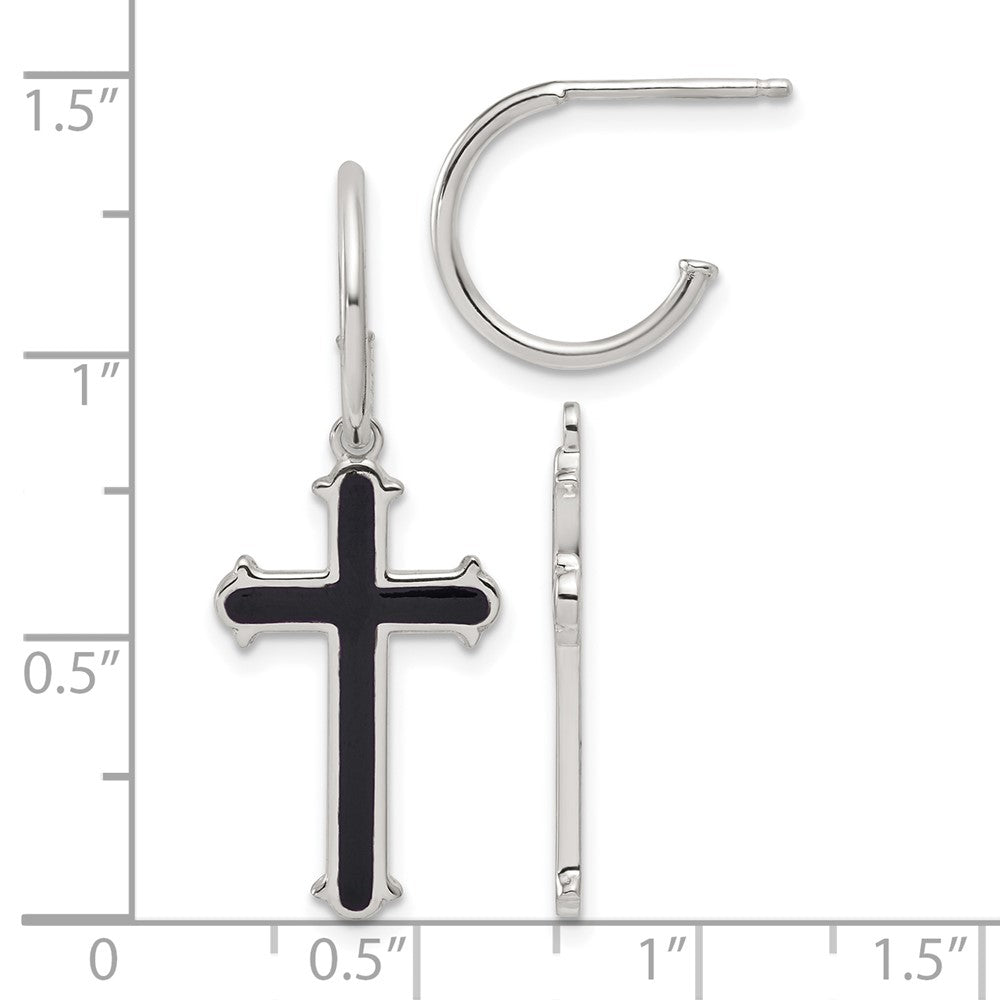 Sterling Silver Polished Black Enamel Cross Dangle C-Hoop Post Earrings