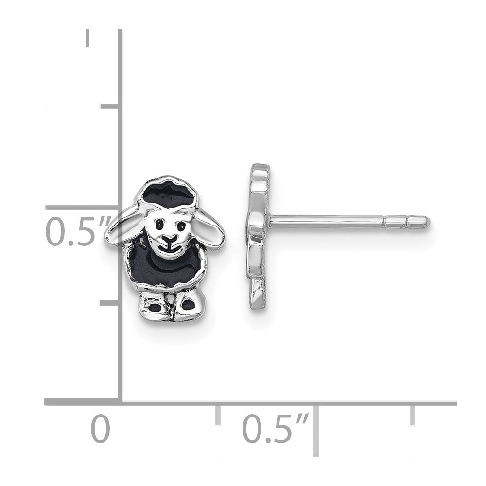 Sterling Silver Rhodium-plated Polished with Black Enamel Sheep Post Earrings