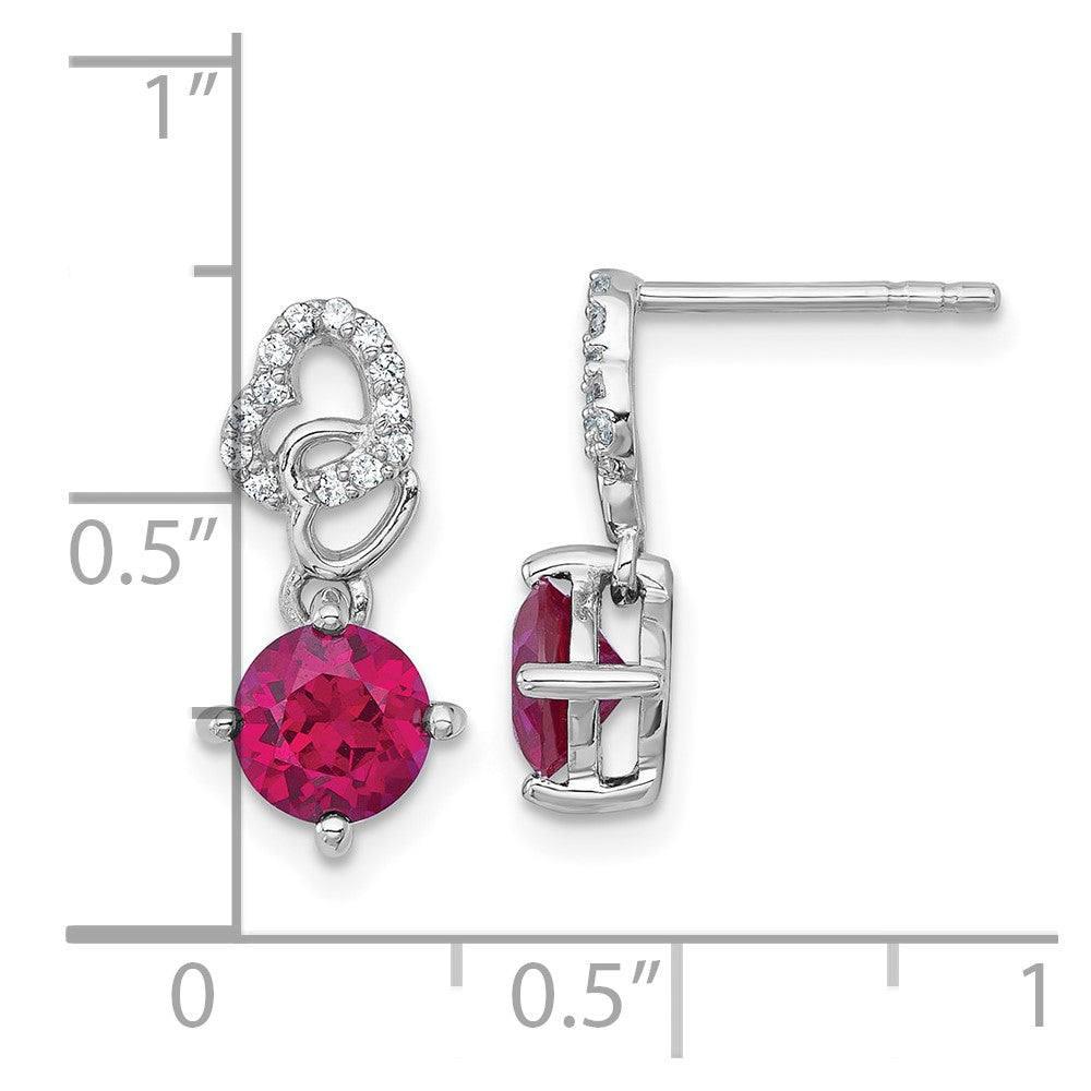 Sterling Silver Rhodium-plated Polished Round Lab Created Ruby and CZ Heart Post Dangle Earrings