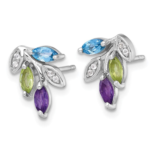Sterling Silver Rhodium-plated Polished Amethyst, Peridot, and Blue and White Topaz Leaf Post Earrings