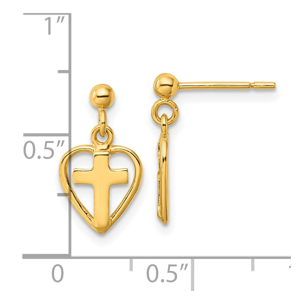 Sterling Silver Gold-tone Polished Cross In Heart Post Dangle Earrings