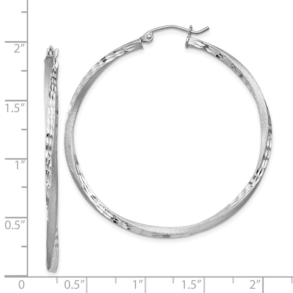 Sterling Silver RH-plated Satin Diamond-cut 2.5x45mm Twisted Hoop Earrings