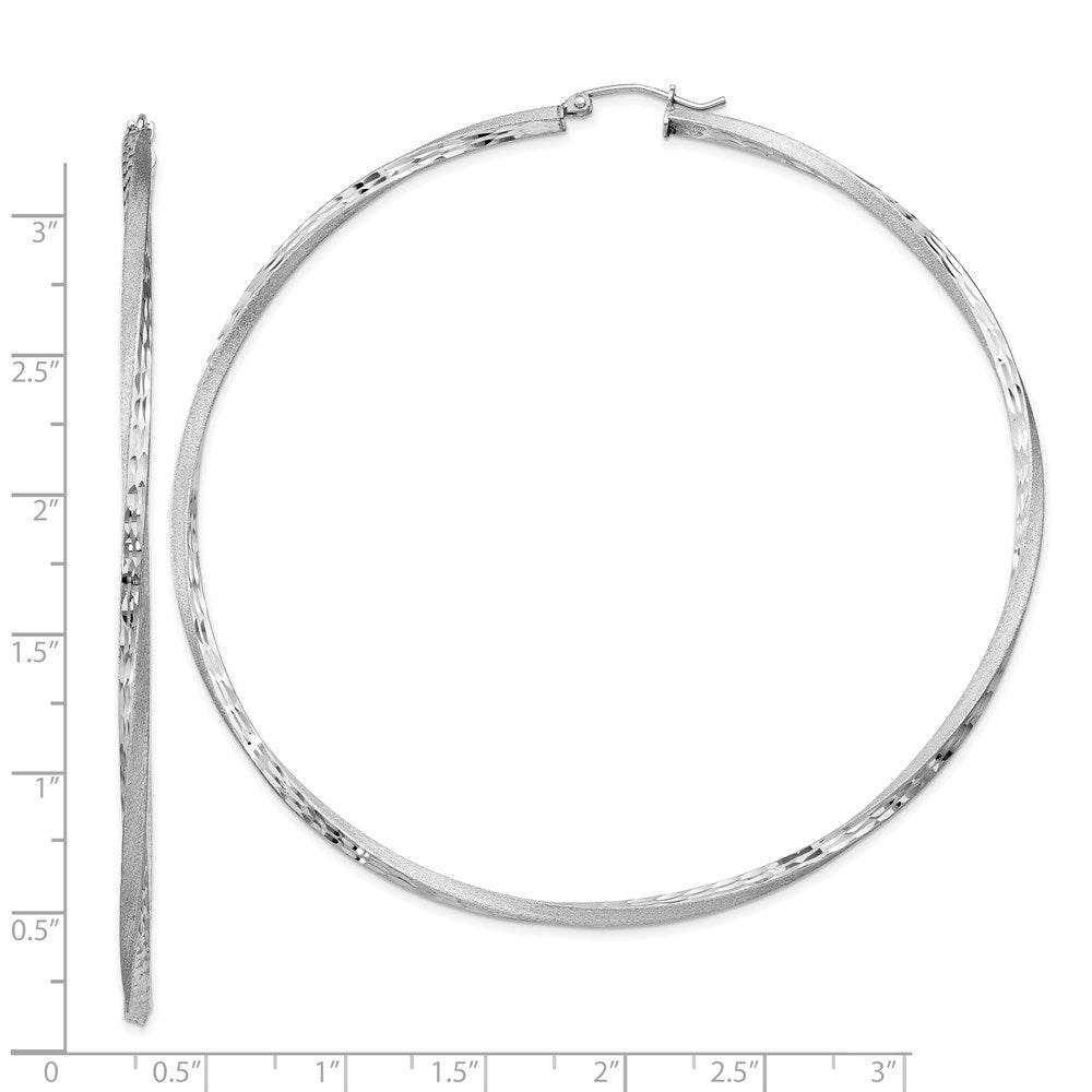 Sterling Silver RH-plated Satin Diamond-cut 2.5x80mm Twisted Hoop Earrings