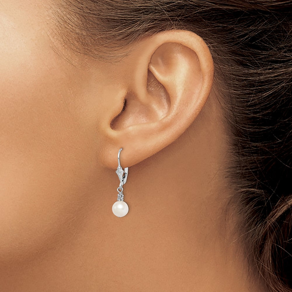 Sterling Silver Rhodium-plated Beaded 6-7mm White Near-Round Freshwater Cultured Pearl Leverback Dangle Earrings