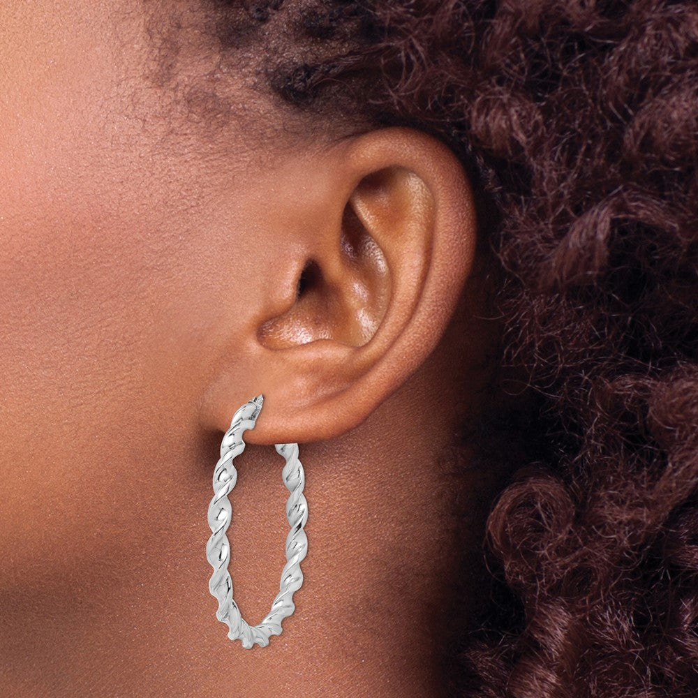 Sterling Silver Rhodium Plated Twisted 3.5x45mm Hoop Earrings