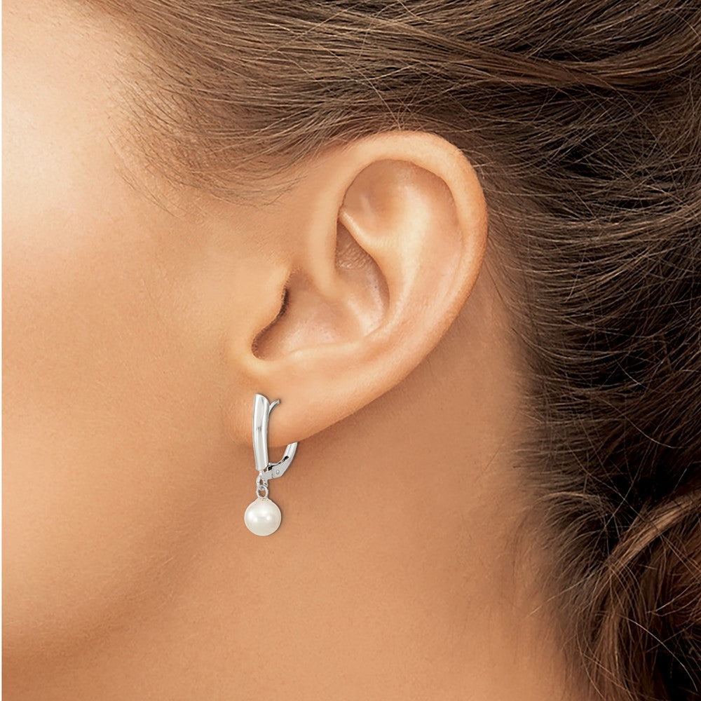 Sterling Silver Rhodium-plated 6-7mm White Round Freshwater Cultured Pearl Leverback Dangle Earrings