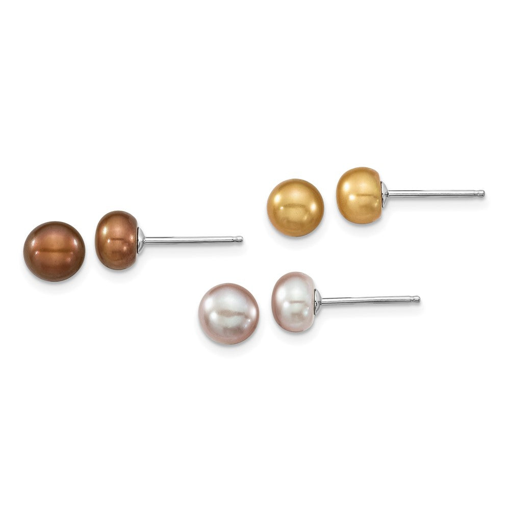 Sterling Silver Rhodium-plated White/Yellow/Brown Semi-Round Freshwater Cultured Pearl 18 inch Necklace/7.25 inch Bracelet/Button Post Earrings Set