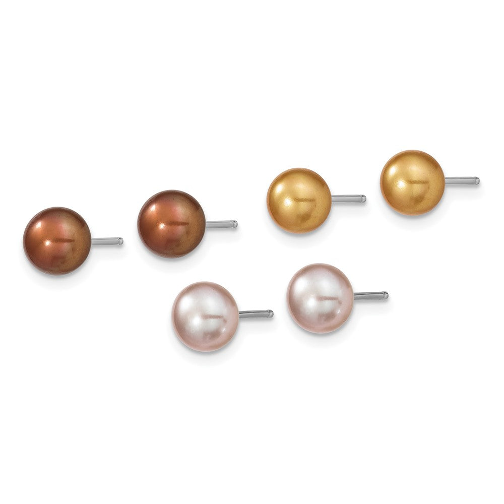 Sterling Silver Rhodium-plated White/Yellow/Brown Semi-Round Freshwater Cultured Pearl 18 inch Necklace/7.25 inch Bracelet/Button Post Earrings Set