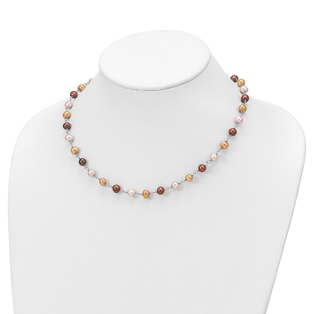 Sterling Silver Rhodium-plated White/Yellow/Brown Semi-Round Freshwater Cultured Pearl 18 inch Necklace/7.25 inch Bracelet/Button Post Earrings Set