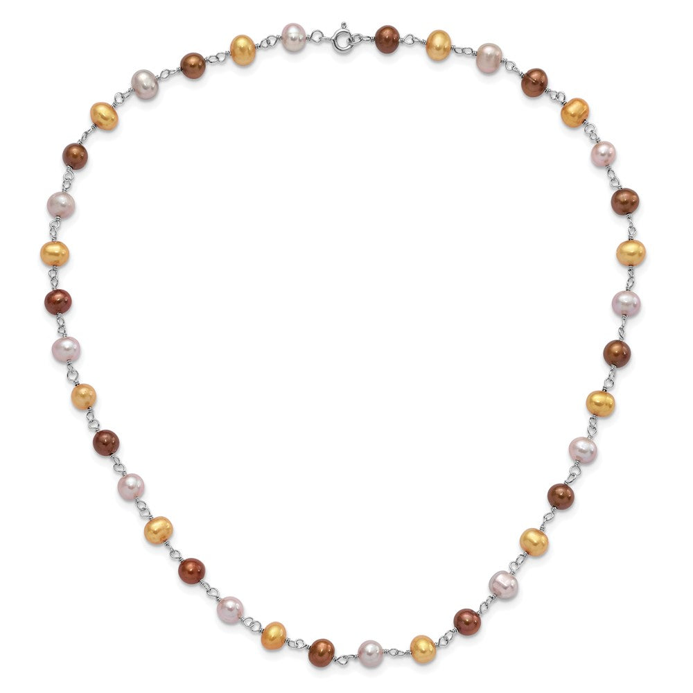 Sterling Silver Rhodium-plated White/Yellow/Brown Semi-Round Freshwater Cultured Pearl 18 inch Necklace/7.25 inch Bracelet/Button Post Earrings Set