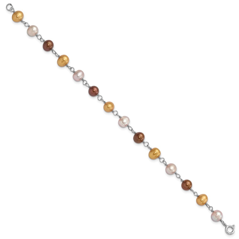 Sterling Silver Rhodium-plated White/Yellow/Brown Semi-Round Freshwater Cultured Pearl 18 inch Necklace/7.25 inch Bracelet/Button Post Earrings Set