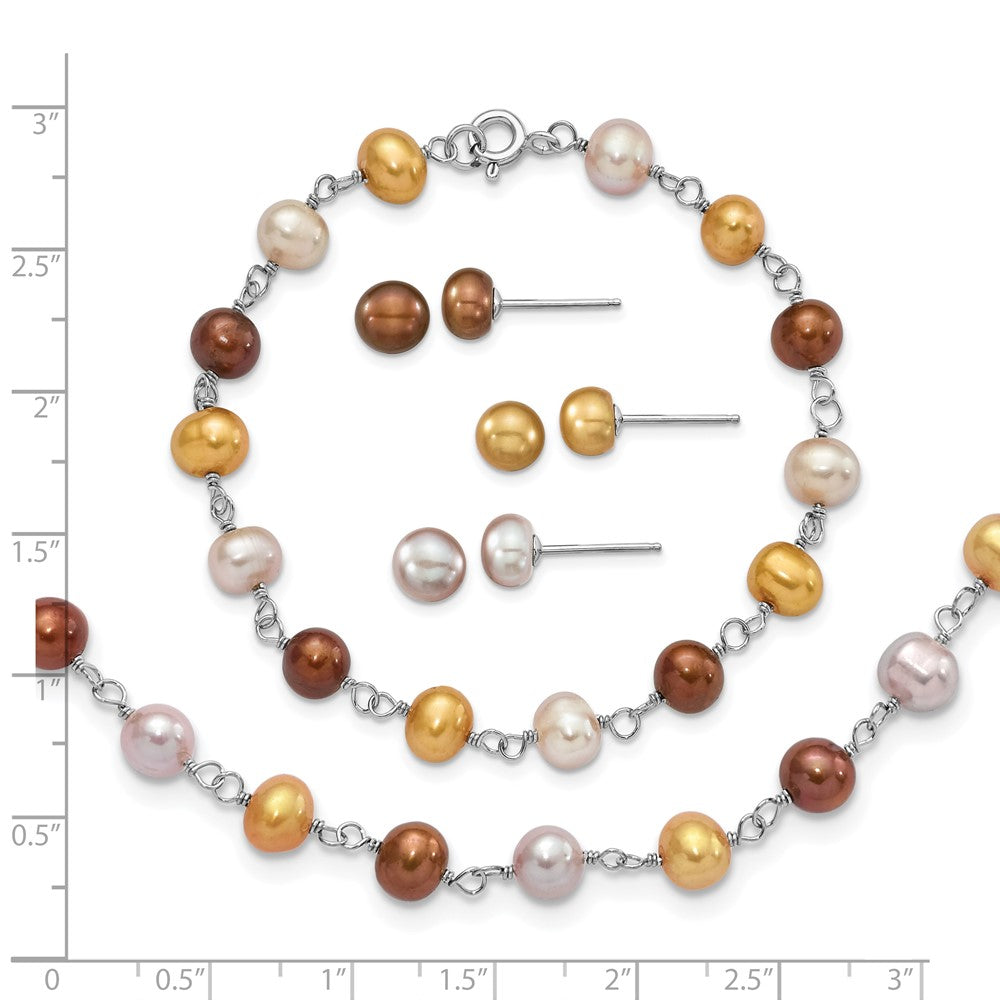 Sterling Silver Rhodium-plated White/Yellow/Brown Semi-Round Freshwater Cultured Pearl 18 inch Necklace/7.25 inch Bracelet/Button Post Earrings Set
