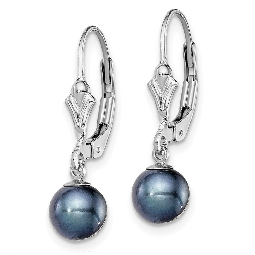 Sterling Silver Rhodium-plated 6-7mm Black Round Freshwater Cultured Pearl Leverback Dangle Earrings