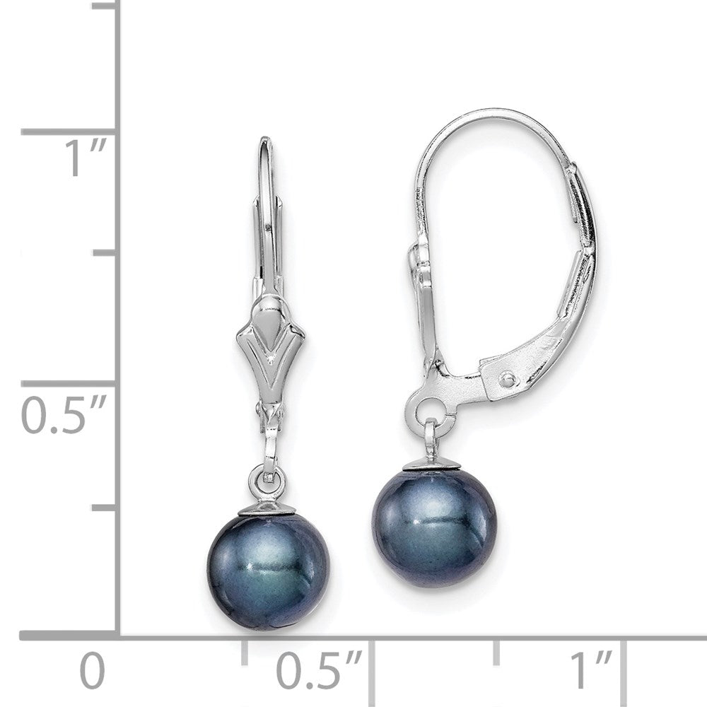 Sterling Silver Rhodium-plated 6-7mm Black Round Freshwater Cultured Pearl Leverback Dangle Earrings