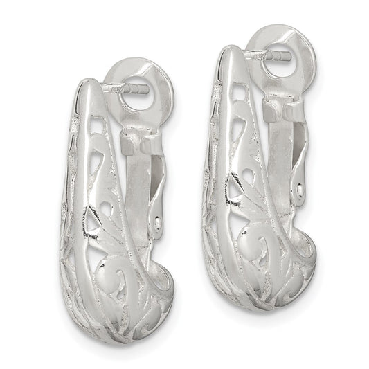 Sterling Silver Polished & Filigree Omega Back J-Hoop Earrings