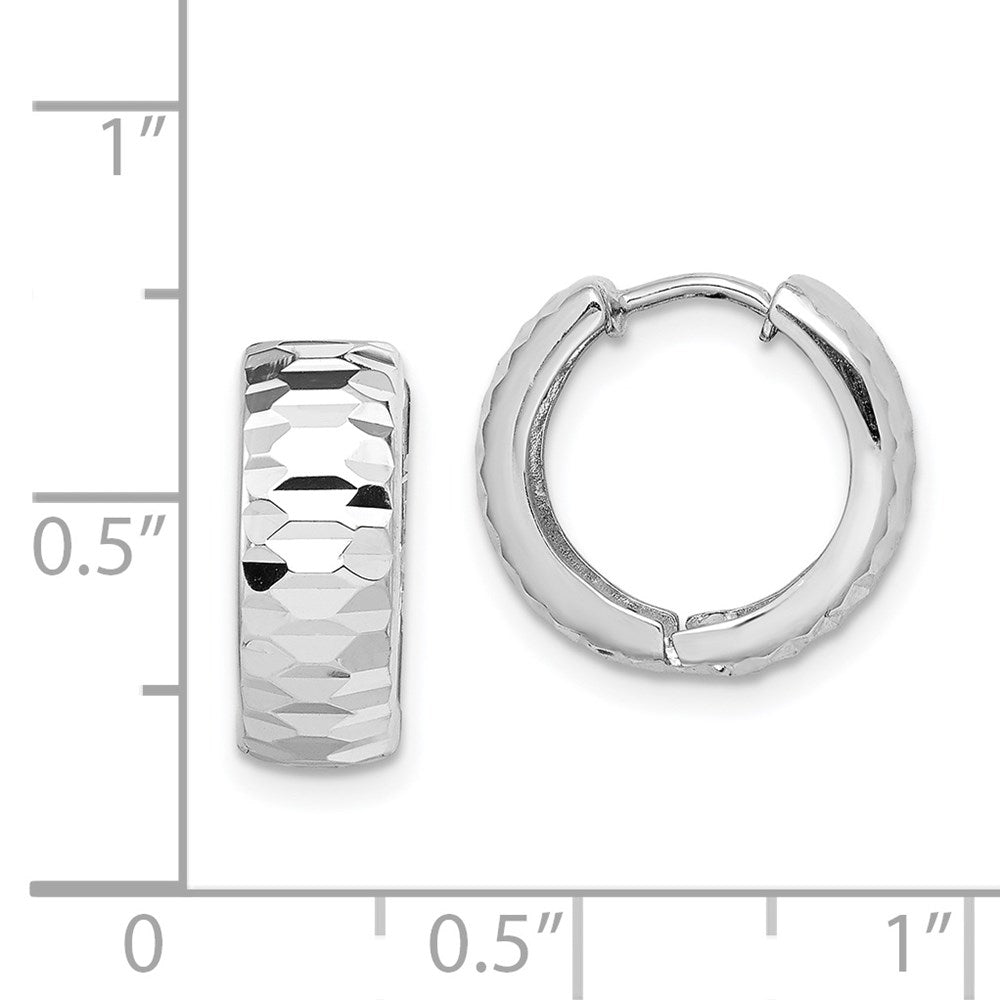 Sterling Silver Rhodium Polished Diamond-cut Hinged Hoop Earrings