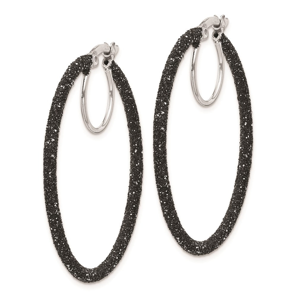 Sterling Silver Rhodium-plated Black Glitter Enamel 2x35mm Hoop Earrings