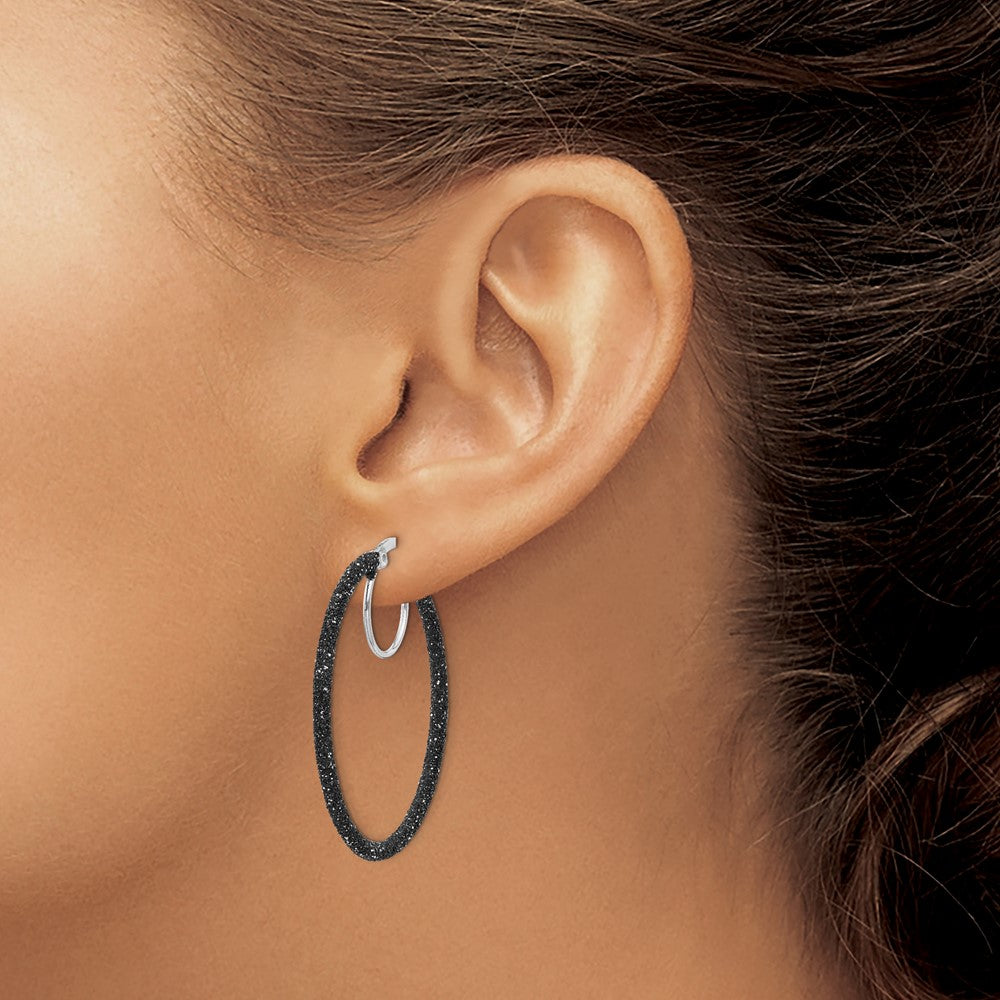 Sterling Silver Rhodium-plated Black Glitter Enamel 2x35mm Hoop Earrings
