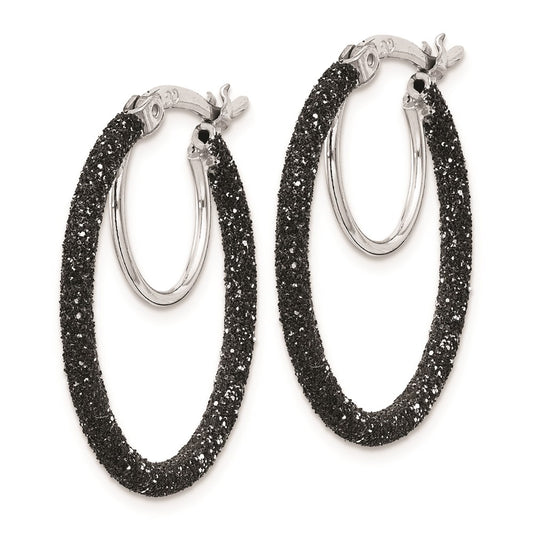 Sterling Silver Rhodium-plated Black Glitter Enamel 2x25mm Hoop Earrings